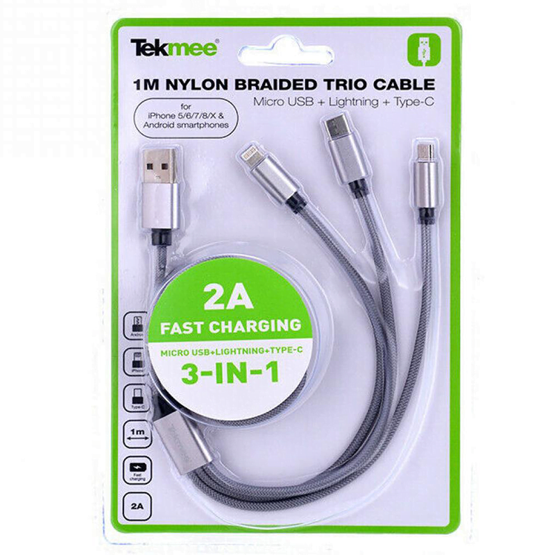 Cablu de date 3in1 Micro-USB, Lightning, USB-C, 1m - Tekmee